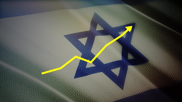 Israel Flag with Yellow Financial Graph Chart &ndash; Economic Warning, Market Volatility and Uncertainty Concept