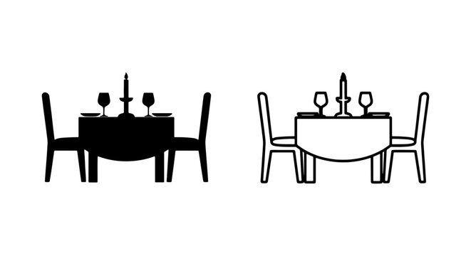 Black and white line art of a dining table with chairs and candles