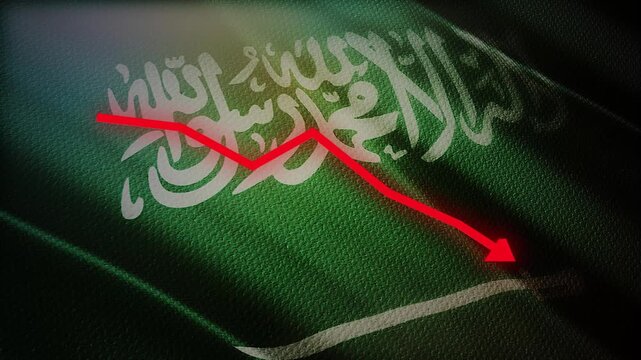Saudi Arabia Flag with Red Financial Graph Chart &ndash; Economic Decline, Oil Market Impact and Inflation Concept