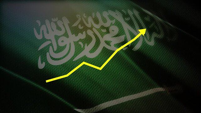 Saudi Arabia Flag with Yellow Financial Graph Chart &ndash; Economic Warning, Oil Market Volatility and Uncertainty Concept