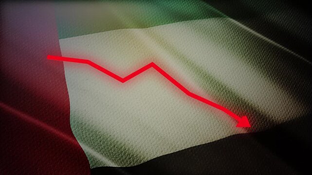 UAE Flag with Red Financial Graph Chart &ndash; Economic Decline, Market Crisis and Inflation Concept