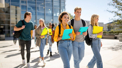 Fototapeta premium Diverse college campus friends enjoying youthful lifestyle and studying together