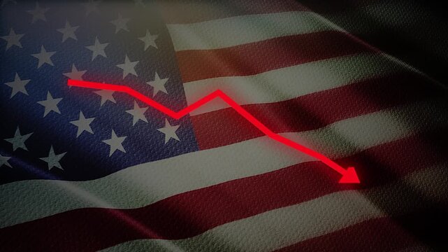 USA Flag with Red Financial Graph Chart &ndash; Economic Decline, Market Crisis and Recession Concept