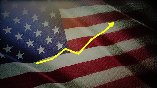 USA Flag with Yellow Financial Graph Chart &ndash; Economic Warning, Market Volatility and Uncertainty Concept