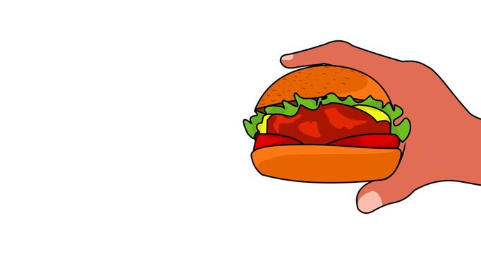 Animated footage of a hand holding and picking up a humburger
