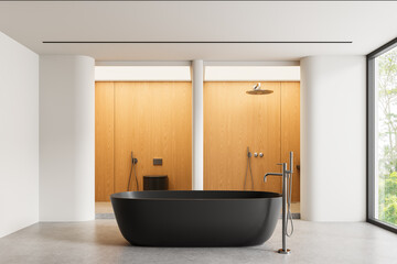 Naklejka premium Modern interior bathroom with dark freestanding tub, wood panel walls, dual shower zones and minimalist architecture design style showcased elegantly. 3D Rendering