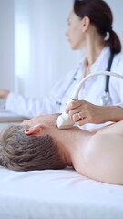 Naklejka premium Doctor woman performing neck ultrasound exam on male patient. Medicine service concept