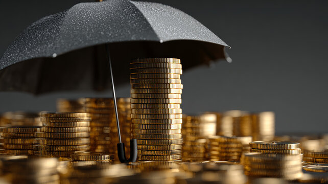 Black umbrella  placed over a  stack of shiny gold coins, symbolizing financial protection and security.