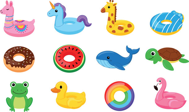 Summer Pool and Float Toys Collection Featuring Unicorn, Giraffe, Donut, Whale, and Flamingo Designs for Fun, Vacation, and Water Play Illustrations