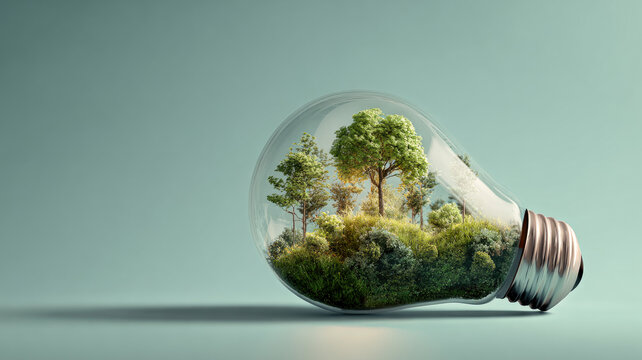 Ecological light bulb concept with green forest inside for sustainability. Copy space.