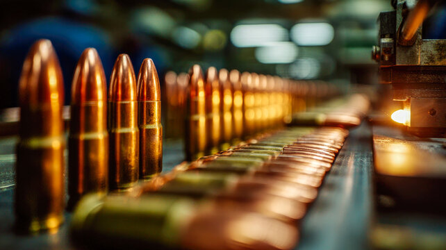 Rows of cartridges move along a conveyor belt at a factory where ammunition is manufactured.