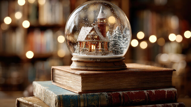 Snow globe houses winter scene nestled on old books.