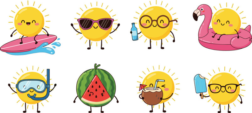Summer-Themed Cartoon Sun Characters Featuring Surfing, Sunglasses, Watermelon, and Ice Cream for Fun, Vacation, and Holiday Designs
