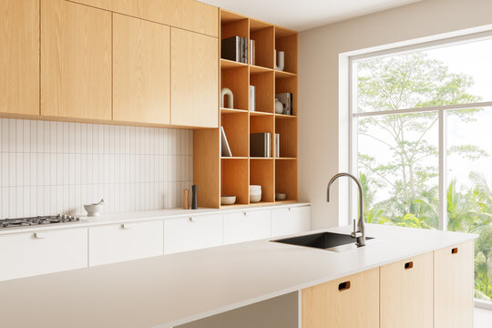 Minimalist natural wood kitchen interior with clean lines, open shelving, modern cabinetry, large window and serene bright atmosphere. 3D Rendering
