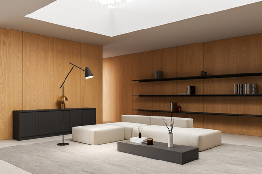 Minimalist modern interior living room with wood panel walls, soft seating, skylight opening, sleek shelves and contemporary decor elements. 3D Rendering
