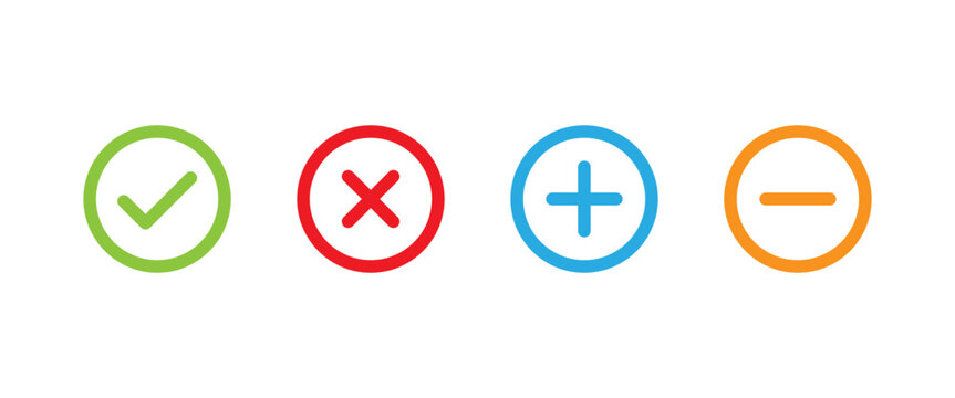 Yes no plus minus vector line icon set round color