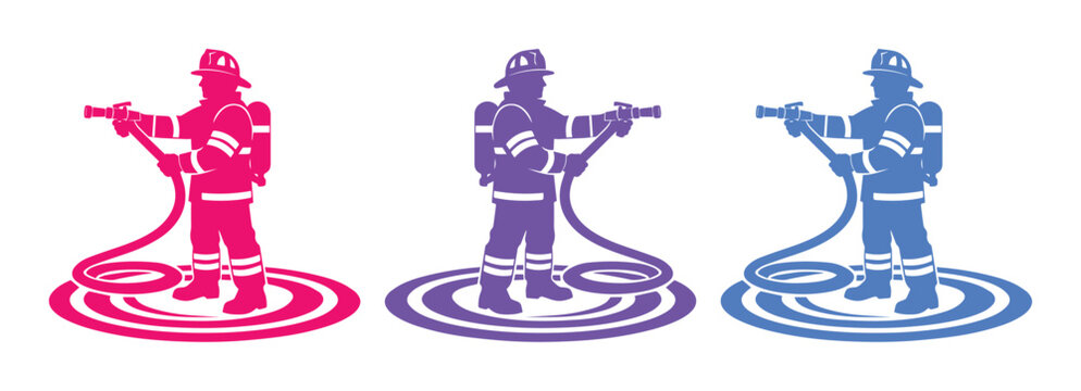 Firefighter vector icons, set of three colorful emergency service worker silhouettes with fire hoses and oxygen tanks, essential safety and rescue graphics for public service designs