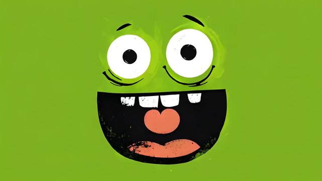 Colorful cartoon face with wide eyes and toothy smile on green background