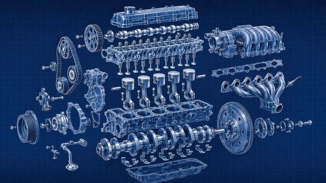 Blueprint of internal combustion engine with exploded view of auto parts. Mechanic design and mechanical engineering concept
