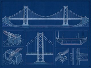 Fototapeta premium Blue suspension bridge blueprint with technical structural details. Engineering architectural plan of civil project construction