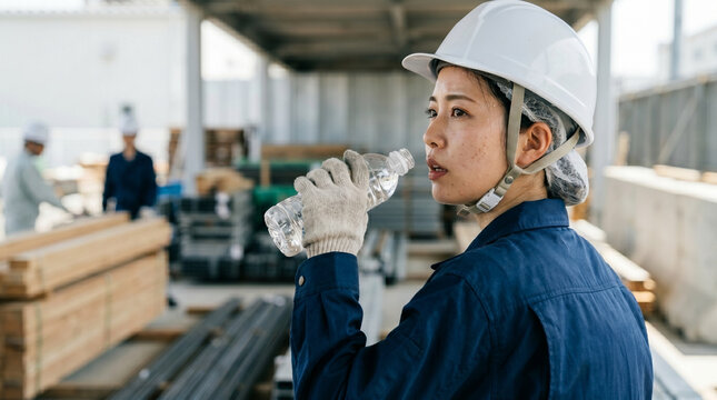 日本人女性のブルーワーカーが現場で熱中症対策のためペットボトルの水を飲み水分補給する様子、ヘルメットと空調服を着用し汗を流す建設作業員の横顔