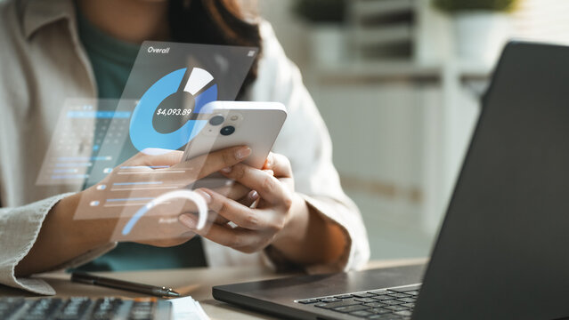 Person using smartphone to track personal expenses with digital dashboard and financial analytics, showing budget control, spending overview, and money management for efficient financial planning.