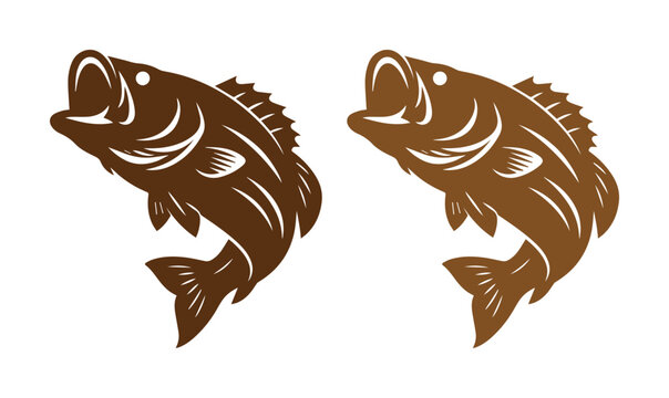 Leaping bass fish vector illustration, a dynamic brown freshwater fish design, ideal for fishing sports logos and outdoor adventure branding, two variations included.