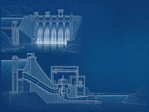Hydroelectric dam blueprint with exterior elevation and interior cross section. Technical engineering drawing for renewable energy construction, water power station development and civil architecture