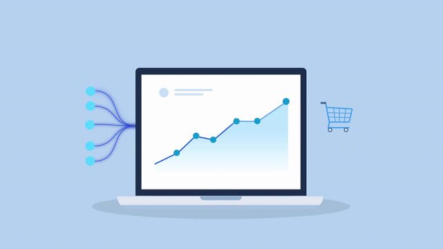 Minimal flat animation of a laptop displaying a rising data chart with incoming data lines and a shopping cart icon, representing ecommerce analytics, sales growth, and digital performance tracking.