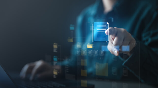 User managing digital files with virtual interface, illustrating data export, cloud storage, secure transfer, and document access in modern technology environment.