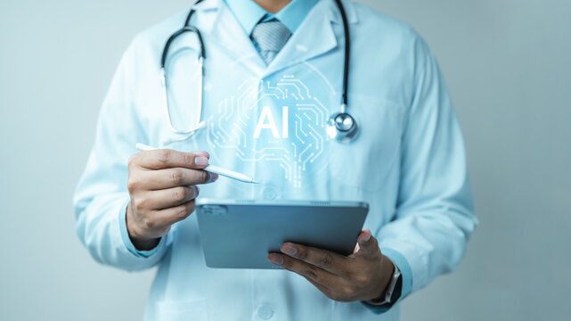 Doctor using tablet with AI interface, representing healthcare innovation, medical diagnosis, and digital technology in modern clinical environment.