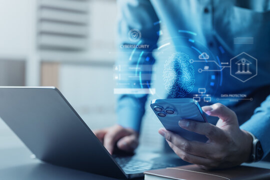 User using smartphone with biometric fingerprint interface, concept of passwordless login, secure authentication, and digital identity protection in modern cybersecurity system