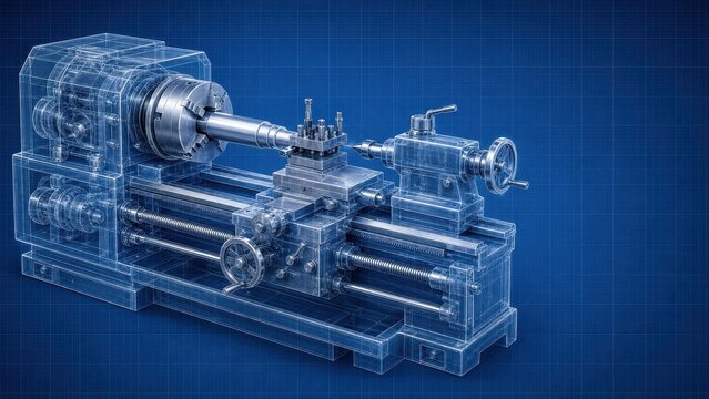 Industrial metal lathe machine depicted in a technical blueprint. Detailed wireframe drawing of manufacturing equipment for engineering