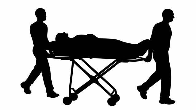 Black silhouette vector of ambulance staff helping patient on stretcher