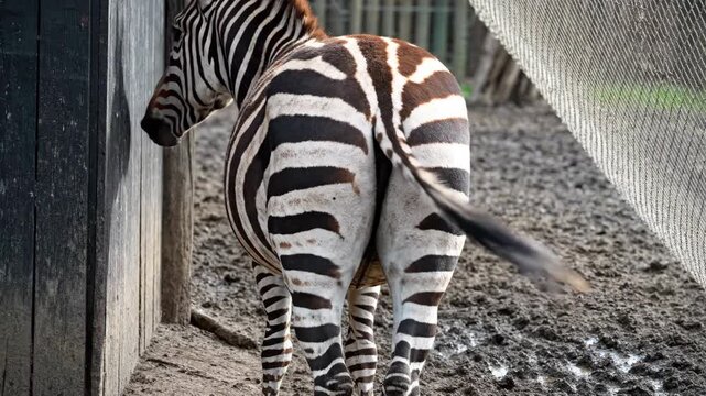 Close-up view of a zebra's back showing its unique black and white stripe patterns and swishing tail, ideal for wildlife documentaries or educational zoo content.