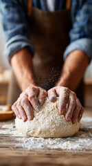 Fototapeta premium Artisan bread making process with hands kneading dough in flour-dusted kitchen