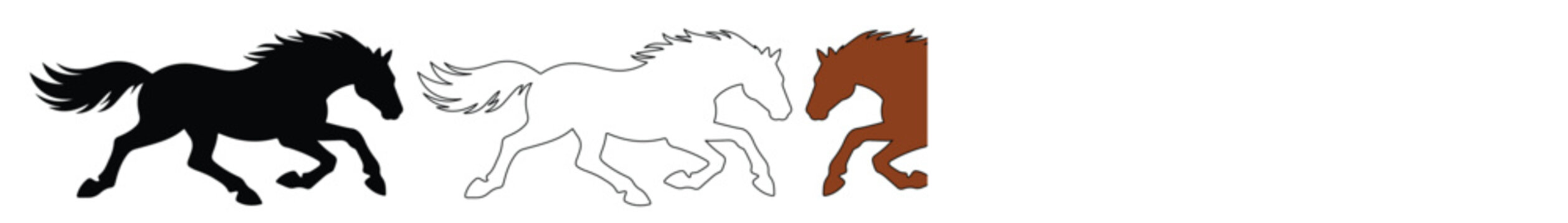 Galloping horse vector silhouettes, dynamic equestrian animal illustrations, black, white outline, and brown horse graphics for branding and design projects