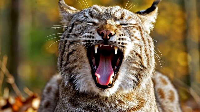 Majestic Lynx Portrait featuring a close-up of a wild cat with tufted ears and intense gaze in an autumn forest, ideal for wildlife documentaries and nature conservation projects.