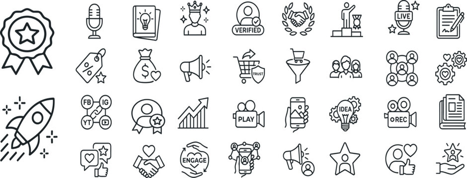 Digital Marketing & Brand Growth Icon Set, Influencer & Social Media Engagement Essentials, Business Success & Creative Strategy Line Icons, Modern Professional Branding & Content Creation Kit.eps