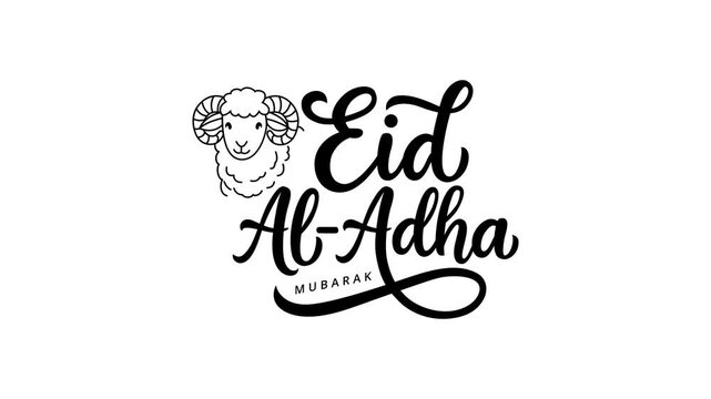 Eid Al Adha mubarak text animated with sheep isolated in white, The holiday occurs after the culmination of the annual Hajj. Feast of the Sacrifice