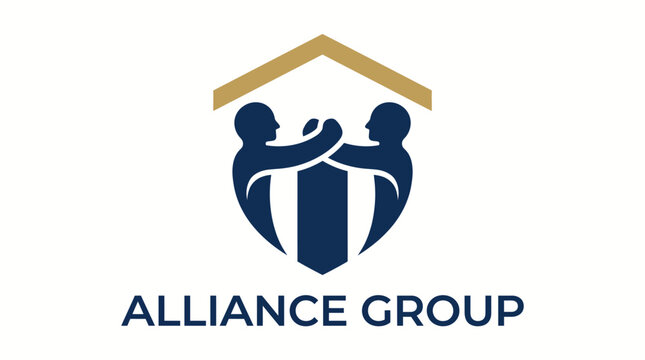 This logo features two figures symbolizing collaboration within a protective shield, emphasizing teamwork, trust, and professional relationships central to the Alliance Group brand identity.