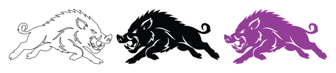 Obraz premium Running Wild Boar Vector Set, aggressive hog mascot illustration, powerful swine graphic resource, dynamic pig icon for sports and branding