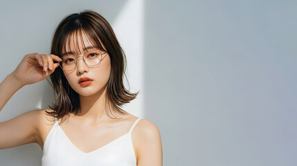 Fototapeta premium おしゃれなメガネモデル女性の自然光ポートレート (Soft Radiance Portrait Series) 