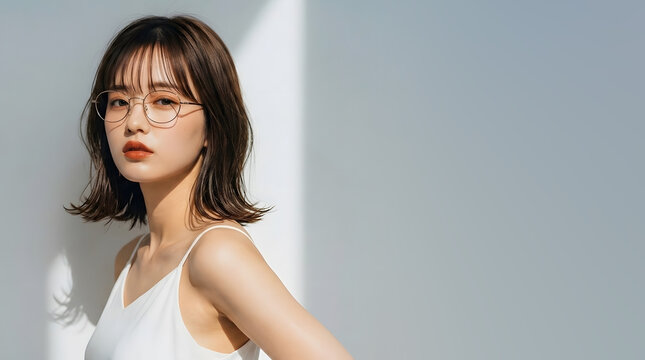 おしゃれなメガネモデル女性の自然光ポートレート (Soft Radiance Portrait Series)