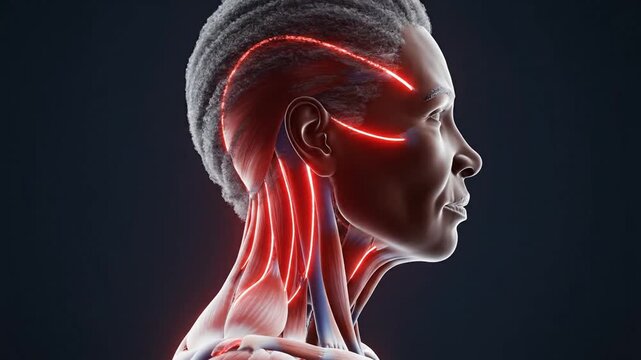 3D anatomical model of an African woman head and neck showing muscles and nerves against a dark background