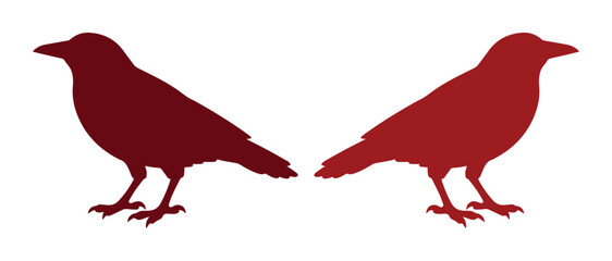 Obraz premium Two dark red bird silhouettes, a pair of stylized raven or crow vector graphics, minimalist avian design elements for branding and nature themes