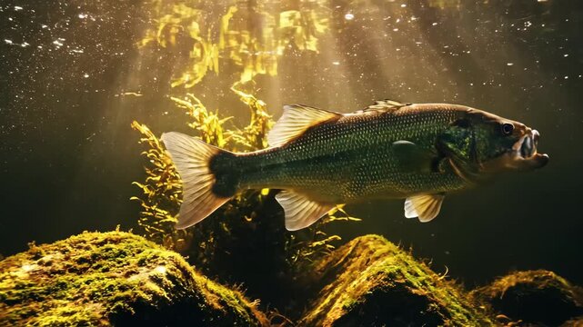 Majestic Largemouth Bass Swimming in Underwater Scene with Golden Sunlight Rays and Mossy Rocks for Nature Documentaries.