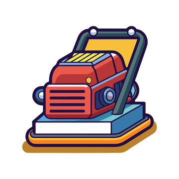 A cartoonstyle illustration of a red plate compactor machine on a blue and orange base  construction equipment
