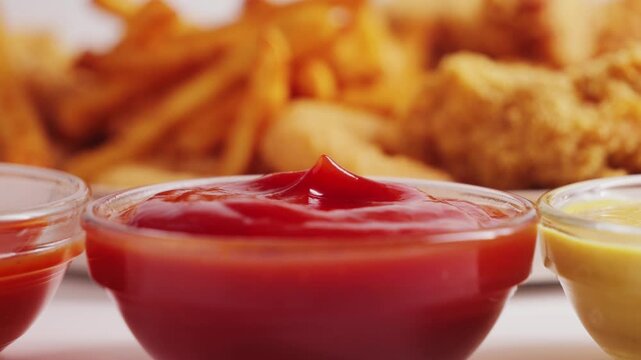 Close up shot of hand dipping onion rings into ketchup. Tasty set of french fries, chicken wings, nuggets and onion rings. Fast food concept. High quality 4k footage