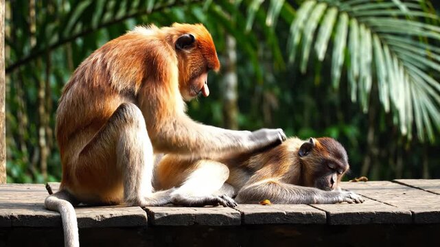 Fascinating Wildlife Interaction Proboscis monkey grooming its companion on a wooden platform in the jungle ideal for nature documentaries and educational content.